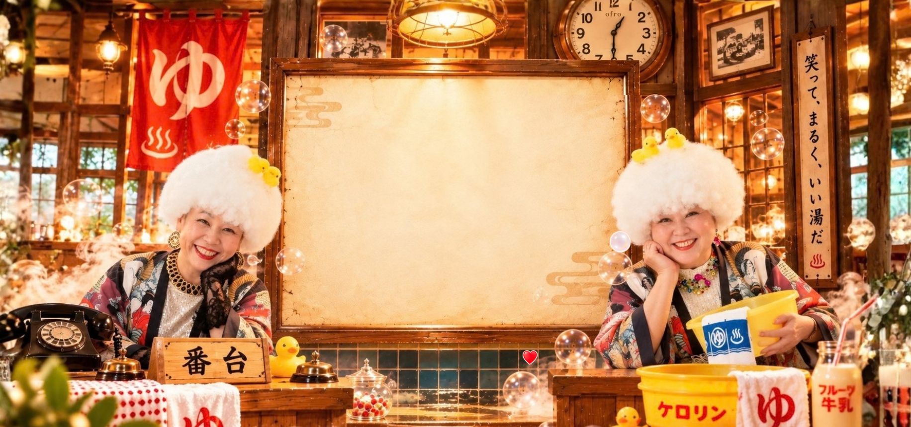 昔ながらの銭湯の番台。掲示板をはさんで、お風呂♨じぇんぬの二人が笑顔で待っている